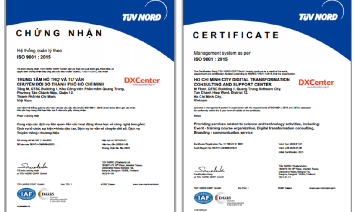 DXCenter đạt chứng nhận Hệ thống quản lý chất lượng theo ISO 9001:2015